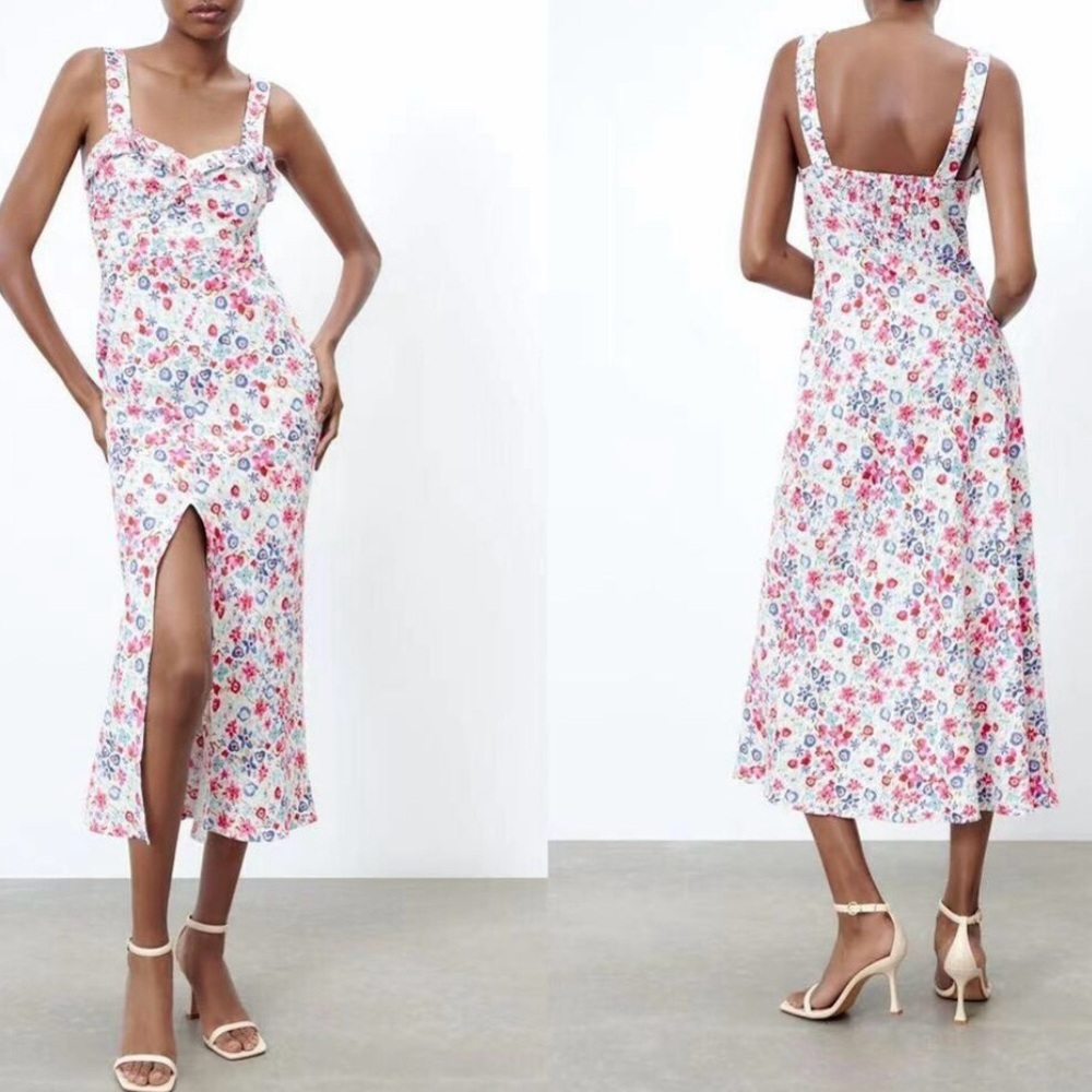 Zara Women Maxi Linen Blend Long Y2K Floral Red Blue Dress Sz M